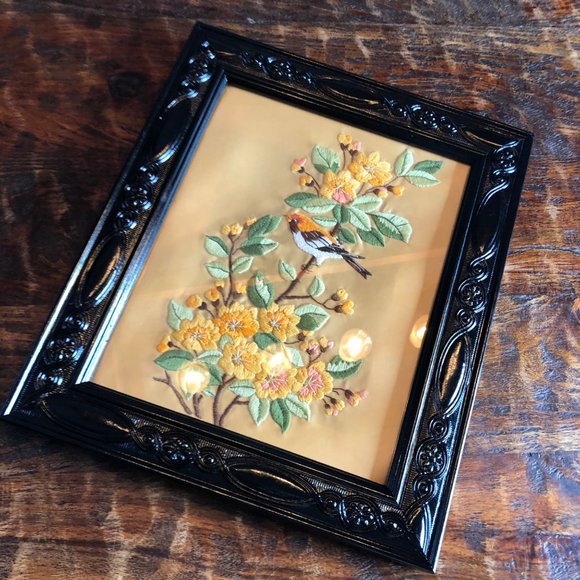 Handmade Other - Framed Vintage Embroidery Gold Satin With Birds